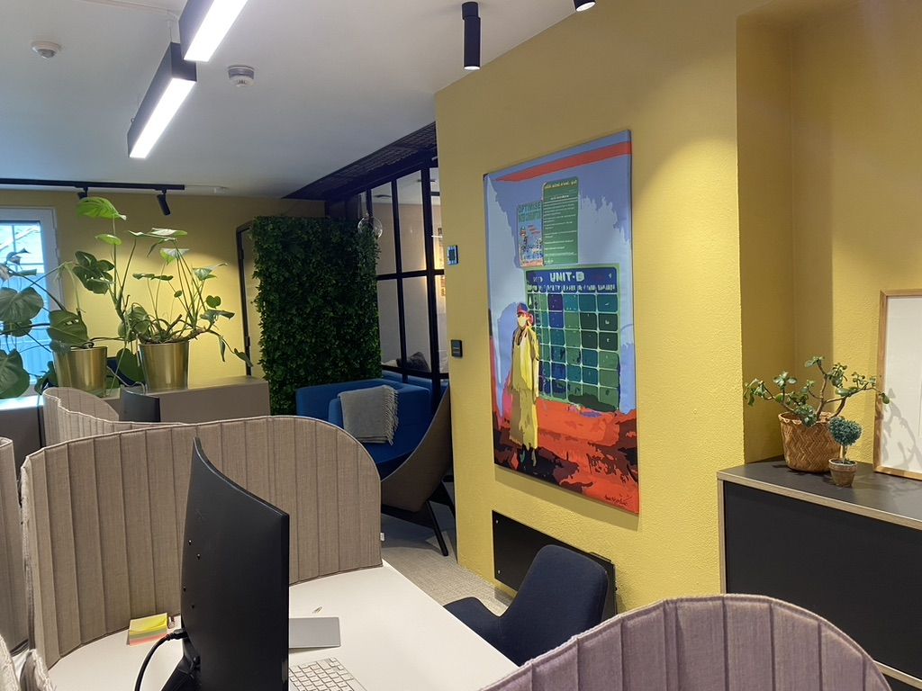 Arbeidsplasser med kunst på veggen